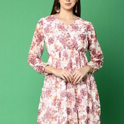 V-Mart White Floral Printed Gathered  Cotton Fit & Flare Dress-image-52