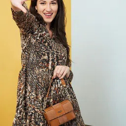 Globus Brown Animal Printed Gathered Fit & Flare Dress-image-15