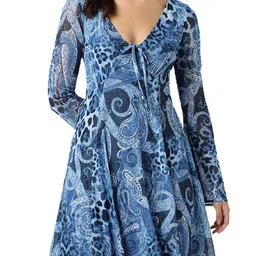 GUESS V Neck Long Flared Sleeves Ethnic Motifs Print Fit & Flare Dress-image-9