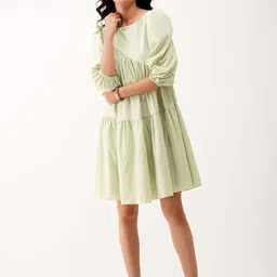 AASK Solid Puff Sleeves Drop-Waist Dress-image-63