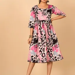 flaher Tropical Print Crepe Fit & Flare Dress-image-80