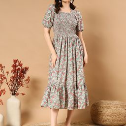 STARWORD Women Floral Printed Smoked Fit & Flare Square Neck Puff Sleeves Midi Dress-image-40