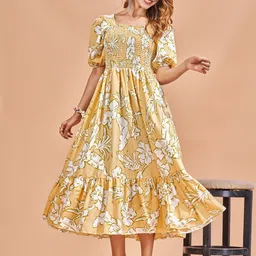 STARWORD Women Floral Printed Smocked Tiered Fit & Flare Dress-image-55