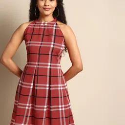 DODO & MOA Red Checked Crepe Fit & Flare Dress-image-92