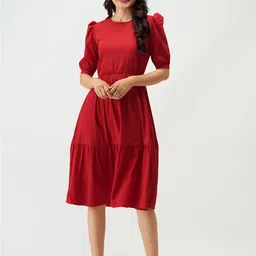 AASK Puff Sleeve Crepe Fit & Flare Dress-image-57