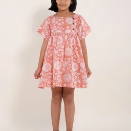 My Little Lambs Girls Floral Print Cotton Square Neck Short Sleeves Empire Casual Dress-26