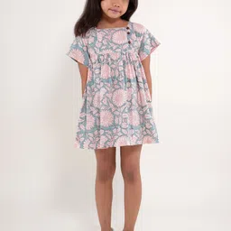 My Little Lambs Girls Floral Printed Cotton Empire Dress-42