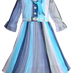 Wish Karo Girls Striped Tie-Up Neck Bell Sleeves Accordion Pleats Fit & Flare Dress-picture-25