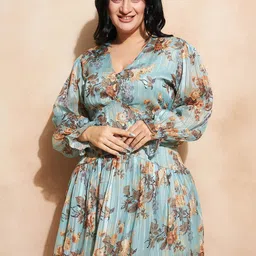 CURVE BY KASSUALLY Plus Size Floral Print Puff Sleeve Georgette Empire Dress-image-23