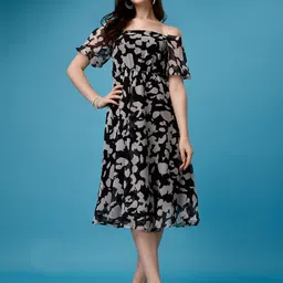 KALINI Abstract Printed Off-Shoulder Georgette Fit & Flare Dress-image-68
