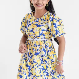 Hola Bonita Girls Floral Printed Puff Sleeves Gathered Detail Fit & Flare Dress With Belt-image-41