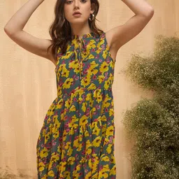 Marie Claire Floral Printed Tie-Up Neck Georgette Fit & Flare Dress-image-45