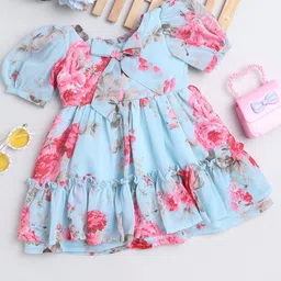 MANY FROCKS & Girls Floral Printed Puff Sleeves Fit & Flare Dress-image-53