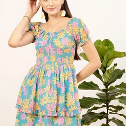 STREET 9 Blue & Mustard Floral Printed Sweetheart Georgette Fit & Flare Dress-image-17