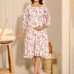Janasya Floral Printed Puff Sleeves Georgette Maternity A-Line Dress-image-61