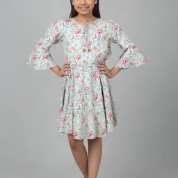 Cantabil Girls Floral Printed Tie-Up Neck Bell Sleeves Fit & Flare Dress-picture-11