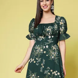 plusS Green Floral Print Square Neck Puff Sleeve Fit & Flare Dress-image-63