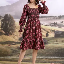 Tokyo Talkies Maroon Floral Printed Cuff Sleeve Fit & Flare Dress-image-9