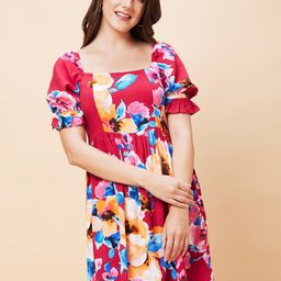 Globus Red Floral Printed Puff Sleeve Gathered Smocked Fit & Flare Dress-image-74