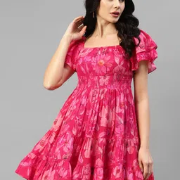DEEBACO Floral Printed Square Neck Flutter Sleeves Smocked Tiered Fit & Flare Dress-62