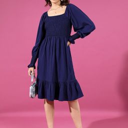Tokyo Talkies Navy Blue Puff Sleeve Fit & Flare Dress-image-82