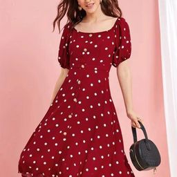 Stylecast X Slyck Polka Dots Printed Puffed Sleeves Fit  Flare Midi Dress-image-23