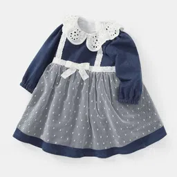 StyleCast Girls Navy Blue Self Design Schiflli Peter Pan Collar Maxi A-Line Dress-image-49