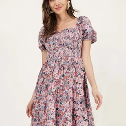 DRIRO Floral Printed Square Neck Puff Sleeve Smocked Tiered Fit & Flare Dress-29
