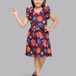 Pink Chick Girls Floral Printed V-Neck Flutter Sleeve Belted Fit & Flare Dress-picture-17
