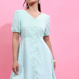 Vishudh Green V-Neck Puff Sleeves Fit & Flare Dress-image-15