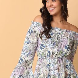 V-Mart Floral Print Off-Shoulder Slit Sleeve Fit & Flare Dress-image-59