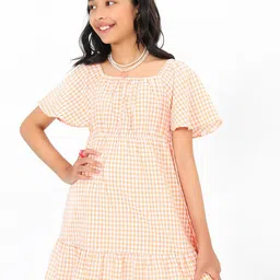 BONKIDS Girls Checked Flared Sleeve Gathered Cotton Drop Waist Dress-image-42