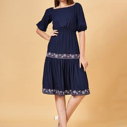 Honey by Pantaloons Embroidered Boat Neck Puff Sleeve Fit & Flare Knee Length Dress-image-48