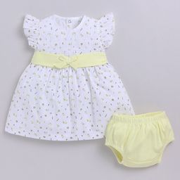 BABY GO Girls Floral Print Cotton Round Neck Flutter Sleeve Fit & Flare Dress With Panty-image-3