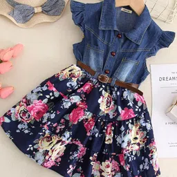 INCLUD Girls Floral Printed Flutter Sleeve Cotton Fit & Flare Dress With Belt-image-48
