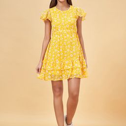 People Yellow Floral Printed Flutter Sleeves Belted A-Line Dress-picture-14