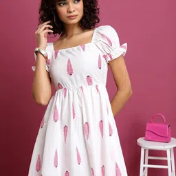 Vishudh White Ethnic Motif Printed PuffSleeve Fit & Flare Dress-image-28