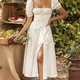 StyleCast Women Conversational Printed Sweetheart Neck Puff Sleeves A-Line Midi Dress-picture-30