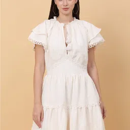 SiaVira Tie-Up Neck Flutter Sleeve Cotton Fit & Flare Dress-image-35