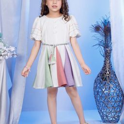 Peppermint Girls Self Design Round Neck Puff Sleeve Fit & Flare Dress-image-39