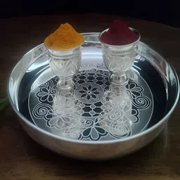 Sigaram Metallic-Toned German Silver Pooja Thali & 2-Pcs Kumkum Cup-image-47