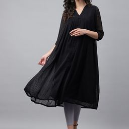 Janasya Black V-Neck Woven Design A-Line Chiffon Kurta-picture-47