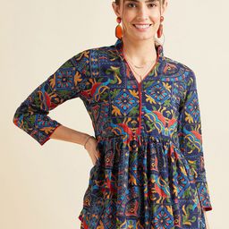 PANIT Navy Blue & Red Ethnic Motifs Printed Kalamkari Empire Anarkali Pure Cotton Kurti-10