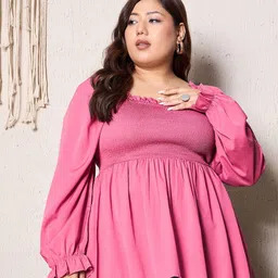 Berrylush Curve Plus Size Solid Square Neck Smocked Peplum Top-23