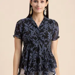 Moomaya Floral Printed Cuban Collar Puff Sleeves Georgette Top-48