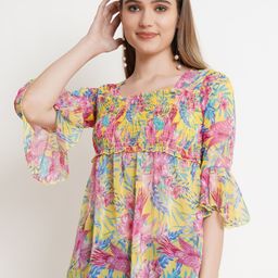 Popwings Yellow & Pink Floral Print Smocked Chiffon Empire Top-image-17