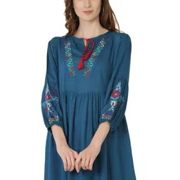 SAAKAA Teal Blue Embroidered Tie-Up Neck Cinched Waist Longline Top-17
