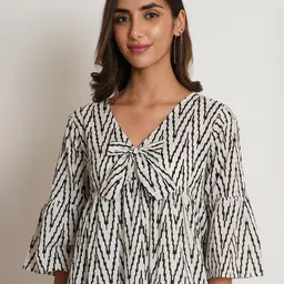 COTLAND FASHION Geometric Printed Bell Sleeve Pure Jaipuri Cotton Bow Peplum Top-12