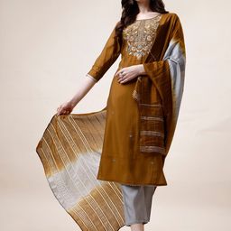 Berrylicious Floral Yoke Design Thread Work Chanderi Cotton Kurta With Trousers & Dupatta-picture-10