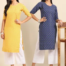KALINI Women Pack Of 2 Yellow & Blue Geometric Printed Crepe Kurta-image-14